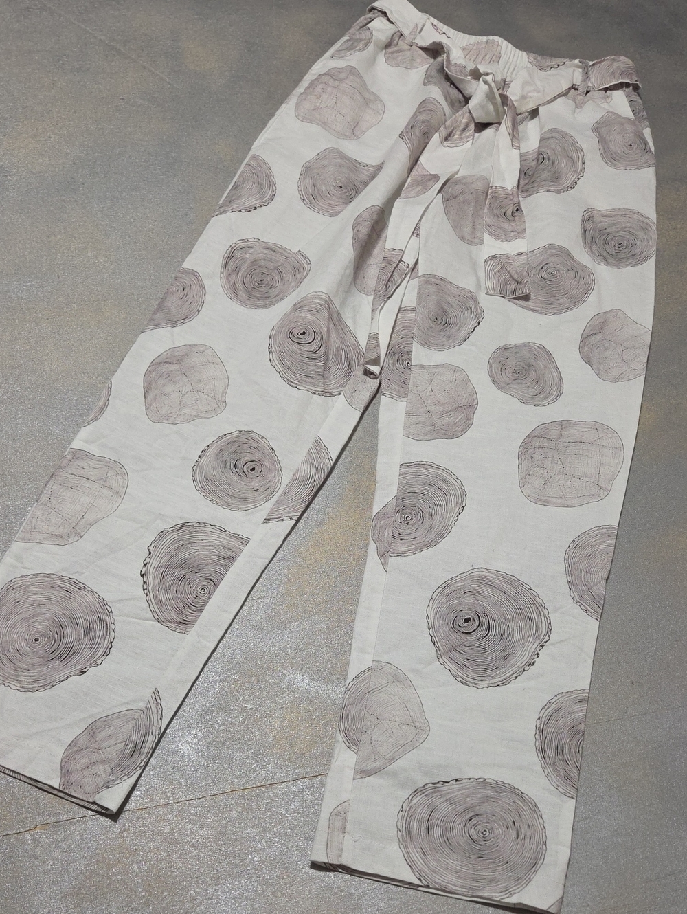 Cream Wide-Leg Belted Pants with Taupe Circular Print By Linen/ Cotton NWOTS